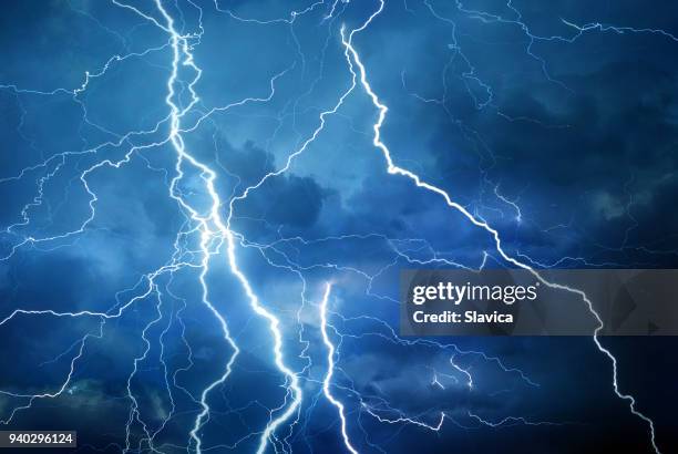 Thunder, lightning and rain during summer storm at night.
